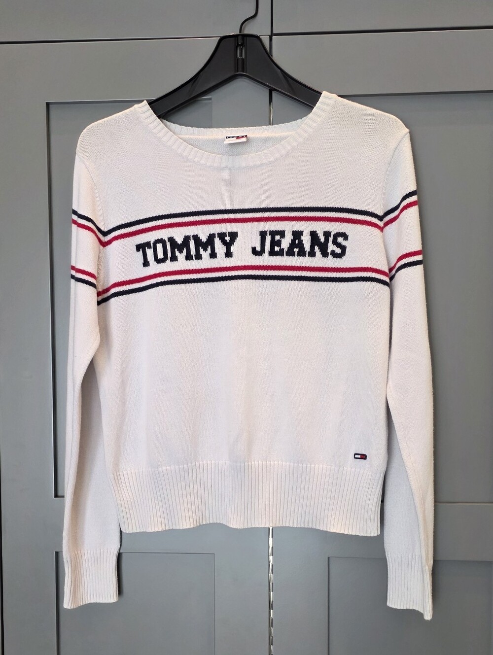 Tommy Hilfiger Jeans Juniors XL Fitted Crewneck Sweater White Logo Y2K Preppy